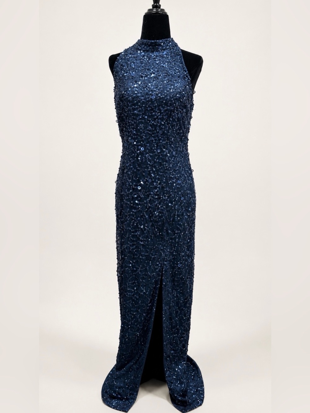 Adrianna Papell Navy Sequin Halter Gown Size 6 – Retail $199